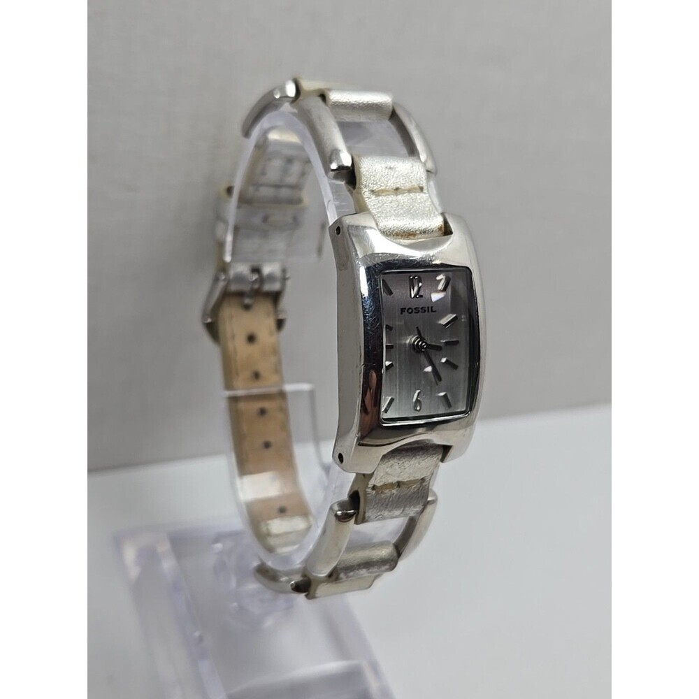 Fossil F2 ES1401 Womens Silver Link Leather Tank Watch New Battery Quartz Y2K - Picture 3 of 12